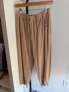 Meomua Linen Blend Jogger Pants Beige Drawstring Elastic Waist Pockets Size M